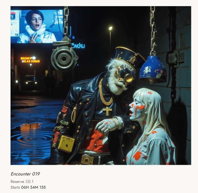 A dark, cyberpunk-style digital artwork showing a figure with a beard and goggles in a leather jacket next to a bloodied blonde woman, with text 'Encounter 019', 'Reserve ⊐0.1', and 'Starts 06H 54M 15S'.