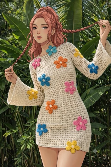 An animated woman with pink hair wears a crocheted dress adorned with colorful flowers, set against a backdrop of lush greenery, symbolizing growth and blossoming.