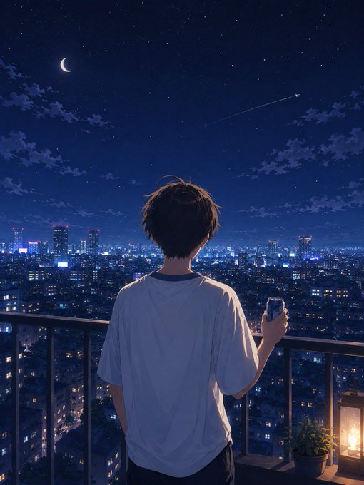 Anime-style illustration of a dark-haired boy viewed from behind, standing on a balcony at night holding a drink, gazing out over a glowing cityscape under a starry sky with a crescent moon and a shooting star.