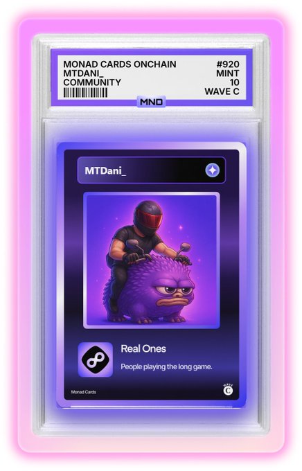 A digital collectible card titled 'MONAD CARDS ONCHAIN' for user MTDani_, showing a 3D illustration of a character riding a purple creature with the caption 'Real Ones - People playing the long game.'