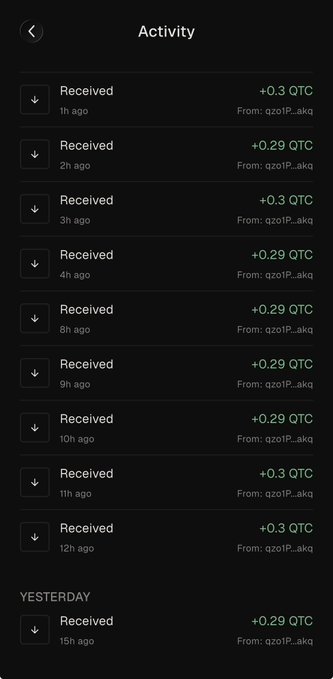 A mobile app activity screen showing multiple received QTC transactions (ranging from +0.29 to +0.30) from the address 'qzo1P..akq' over the past 15 hours on a dark background.