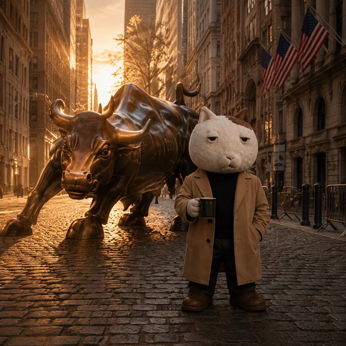 An AI-generated scene showing a cat-headed figure in a tan trench coat holding a coffee mug, standing on a cobblestone Wall Street next to the bronze Charging Bull statue with American flags in the background.
