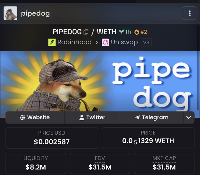 Cryptocurrency listing page for 'pipedog' token showing PIPEDOG/WETH trading pair on Robinhood/Uniswap v3, with a price of $0.002587 (0.000051329 WETH), liquidity of $8.2M, and market cap of $31.5M.