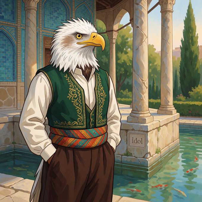 An illustrated anthropomorphic bald eagle character wearing a green embroidered vest, white shirt, and brown pants, standing in a Middle Eastern-style courtyard with a koi pond and a stone labeled 'idol'.