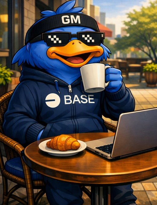 An anthropomorphic blue bird mascot wearing pixel sunglasses and a 'BASE' hoodie sits at a café table with a croissant and laptop.