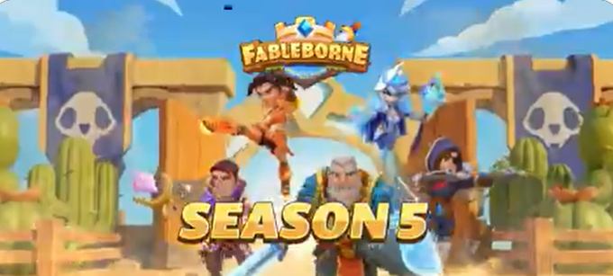 Promotional artwork for "FABLEBORNE SEASON 5" featuring several cartoon fantasy characters in a desert arena setting.