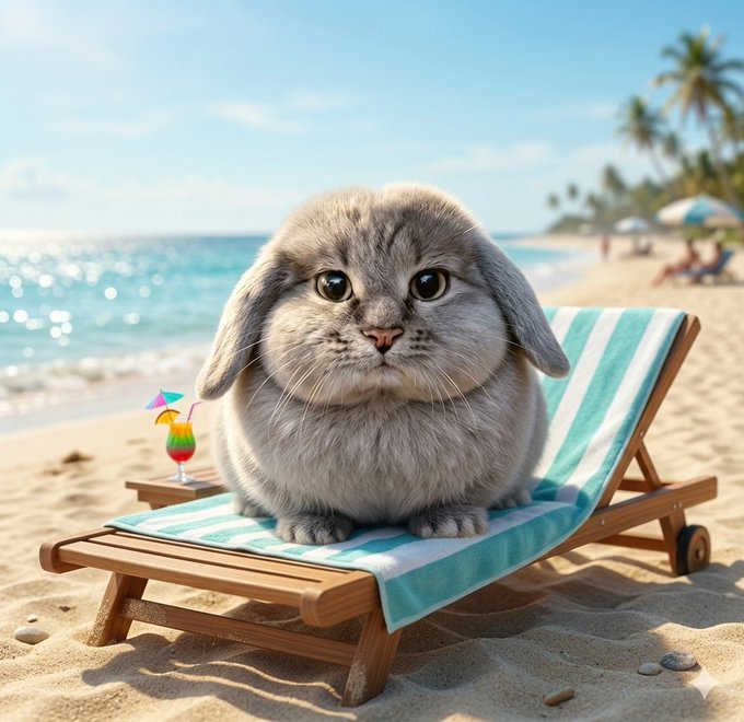 An adorable gray lop-eared rabbit sits on a striped beach lounge chair next to a tropical cocktail, with palm trees, ocean, and beachgoers visible in the background.