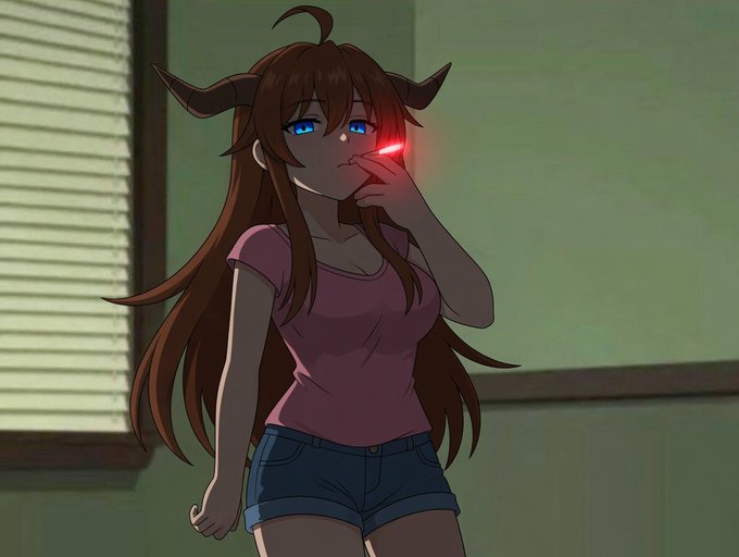 An anime-style character with long brown hair, horns, and glowing blue eyes stands in a dimly lit room with window blinds, casually smoking a glowing red cigarette while wearing a pink shirt and denim shorts.

The image complements the post's theme of uncertainty and frustration about making money, capturing a mood of contemplation and resignation as the character appears to ponder her situation.