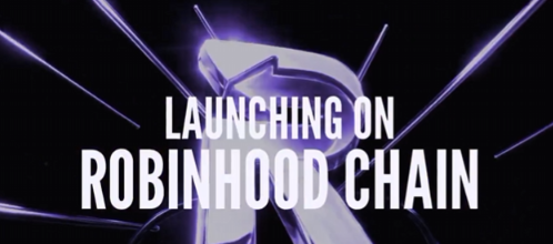 A promotional graphic with the text 'LAUNCHING ON ROBINHOOD CHAIN' against a dark background with purple light rays and a large stylized 'R'.