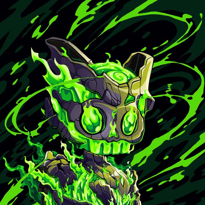 A stylized digital illustration of a skull character engulfed in bright green flames, wearing a horned helmet with a spiral design on the forehead.