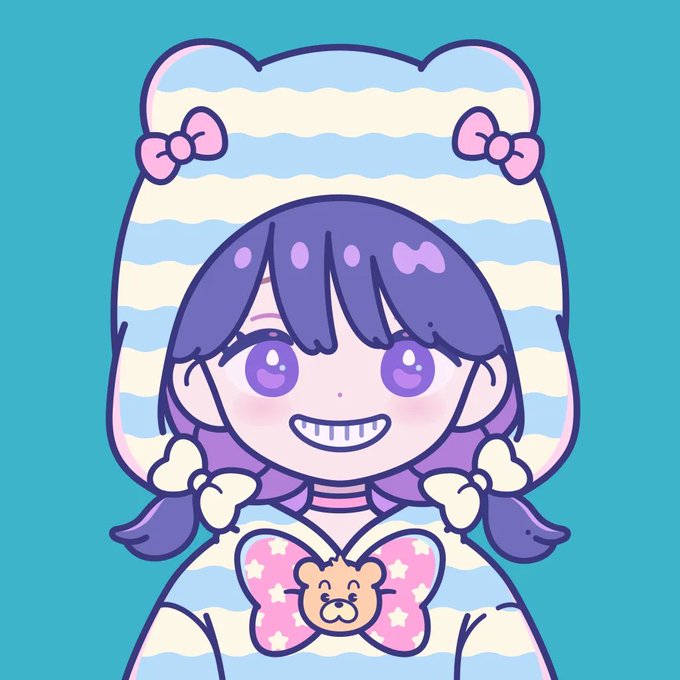 A cute pastel-colored illustration of a girl with purple hair wearing a striped bear hood and a bear-themed bow.