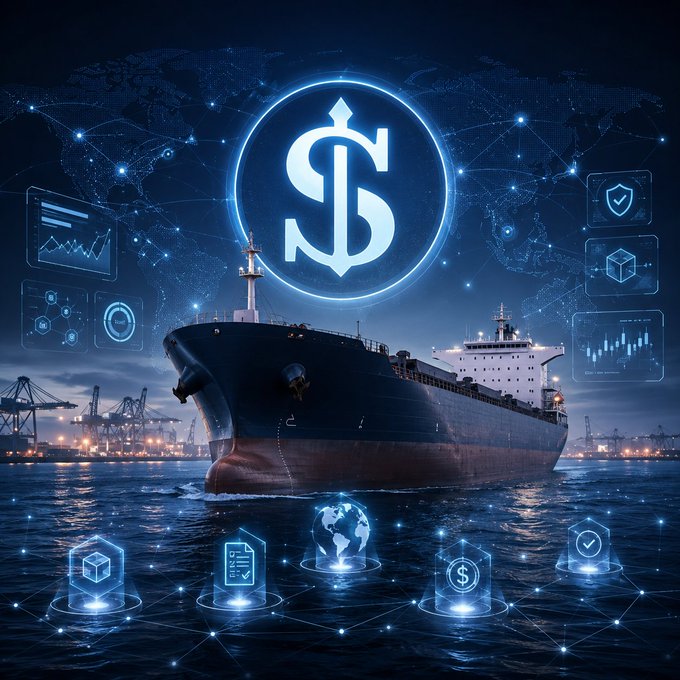 A cargo ship at sea with a glowing dollar sign emblem above it, surrounded by holographic icons representing global trade, blockchain, and financial data.