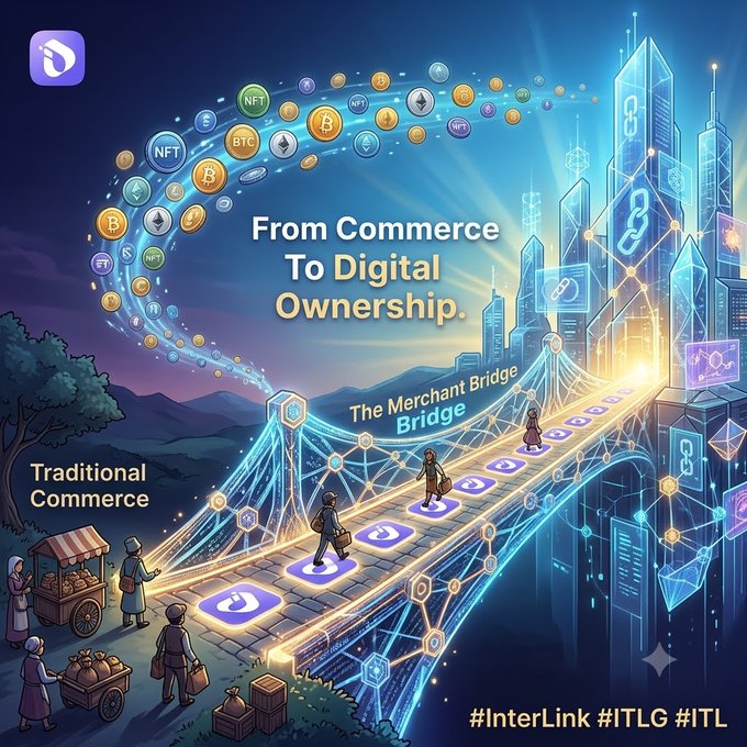 The image features an illustration of a bridge with people walking across it, representing the transition from traditional commerce to digital ownership. The bridge spans over a cityscape filled with buildings, symbolizing the merging of these two worlds. On one side of the bridge, there are small merchants carrying goods on their backs, while on the other side, there is a group of people standing in front of a building that appears to be a Web3 platform or blockchain office. The image also includes text elements such as "From commerce To digital ownership" and "#InterLink #ITLG #ITL".