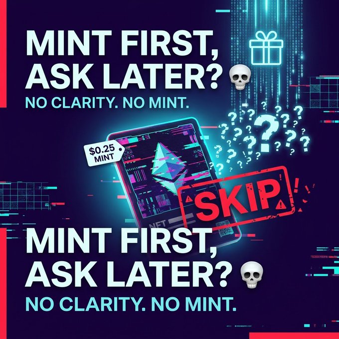 A promotional graphic with the text 'MINT FIRST, ASK LATER? NO CLARITY. NO MINT.' featuring an Ethereum NFT image, skull emojis, a gift box icon, question marks, and a $0.25 MINT price tag with a red SKIP stamp.