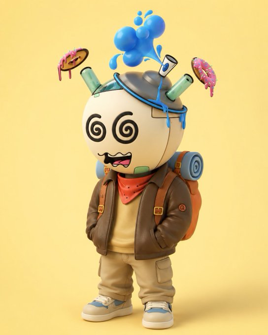 A 3D-rendered cartoon character with a dizzy expression, wearing a brown jacket and backpack, with donuts, bottles, and blue liquid splashing out of an opening on its head.