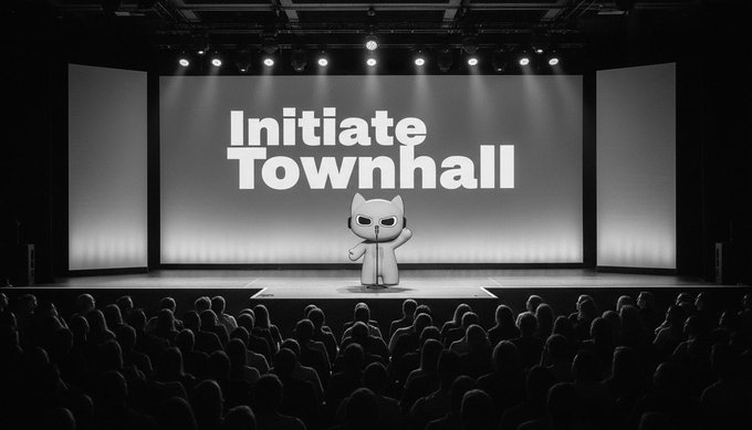 A black-and-white image shows the GitHub mascot (Octocat) standing on a stage in front of a large screen displaying "Initiate Townhall," with an audience visible in the foreground. The image visually represents the weekly Initiate Town Hall event mentioned in the post, hosted by @El__khalil for the Web3 community.