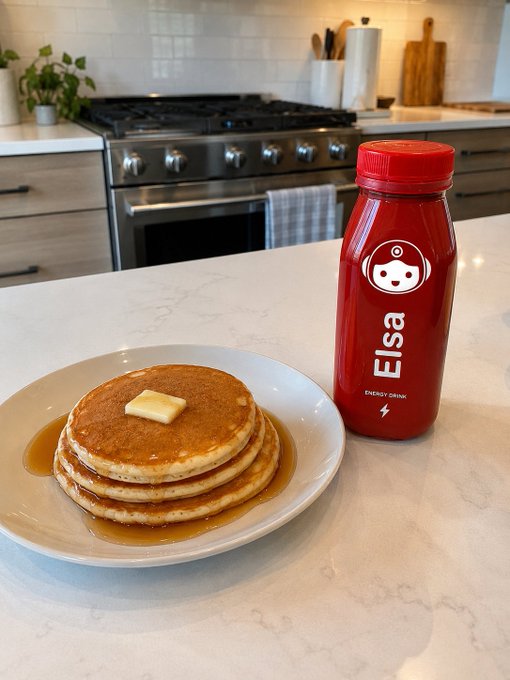 The image features a plate of pancakes with butter and syrup next to a red bottle of Elisa energy drink. The pancakes are topped with butter and syrup, creating a delicious breakfast scene. The Elisa energy drink appears to be a popular beverage choice for those seeking an energy boost or refreshment during the day.