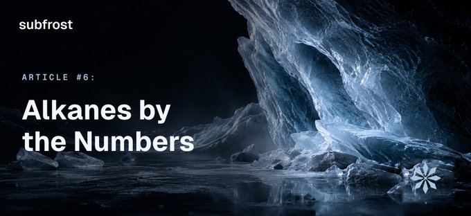 The image is a banner for "subfrost" Article #6 titled "Alkanes by the Numbers," featuring a dramatic dark icy cave scene with a snowflake-like logo, visually evoking the cold, crystalline theme suggested by the "subfrost" branding and reinforcing the post's message about Alkanes dominating Bitcoin transaction metrics.