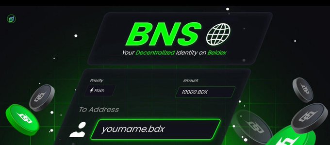 A promotional graphic for 'BNS' - 'Your Decentralized Identity on Beldex' - shows a dark interface with green accents, displaying fields for Priority (Flash), Amount (10000 BDX), and a 'To Address' field showing 'yourname.bdx' with green and black coin icons floating around.