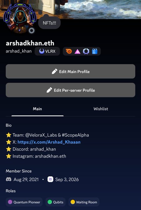 A profile page for "arshadkhan.eth" showing VLRX, NFTs, and social links for Discord and Instagram, with roles including Quantum Pioneer, Qubits, and Waiting Room.
