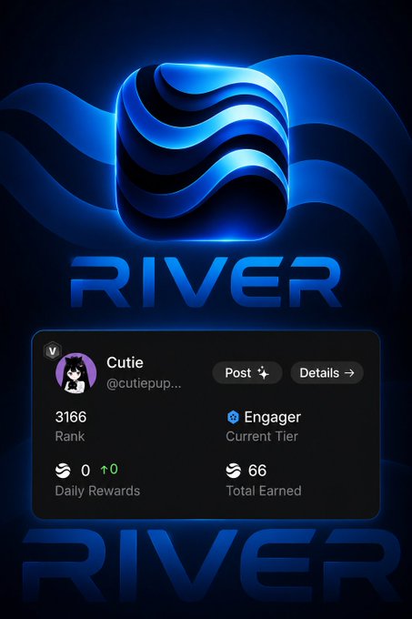 The image features a poster for an online game called "RIVER" with a blue background, featuring a logo of a wave design. The poster also displays information about the game's leaderboard, including the name of the player who has earned 66 points in the game and their rank among other players. The post is written by @RiverdotInc, which suggests that they are promoting or discussing the game on social media platforms.