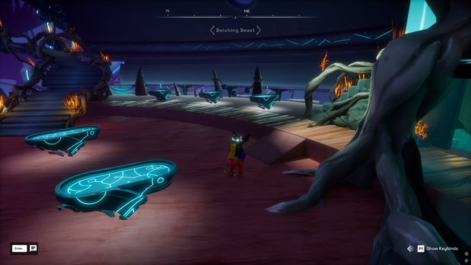 A screenshot from a 3D video game showing a small character exploring a surreal landscape titled 'Belching Beast,' featuring floating platforms with glowing blue markings and large organic structures.