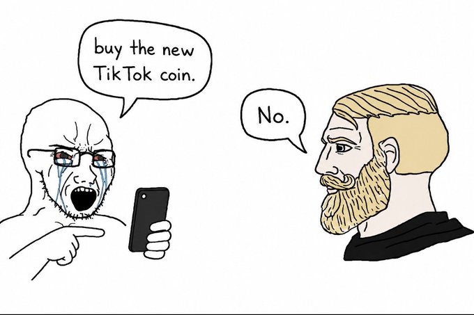 A Wojak-style comic meme showing a crying bald man with a phone saying 'buy the new TikTok coin,' while a blond bearded 'Chad' character simply responds 'No.'