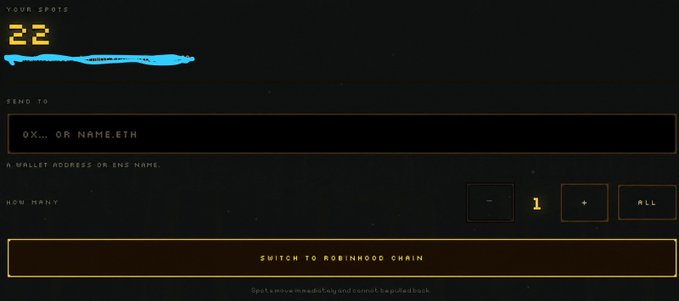 A dark-themed crypto wallet interface showing a send transaction screen with 22 tokens, a recipient address field ('0x... or name.eth'), amount selector set to 1, and a 'SWITCH TO ROBINHOOD CHAIN' button.