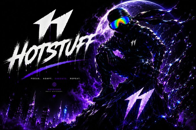 A promotional graphic featuring a figure in dark futuristic gear with a rainbow visor, set against a purple space-themed background with the text "HOTSTUFF" and "FOCUS. ADAPT. EXECUTE. REPEAT."