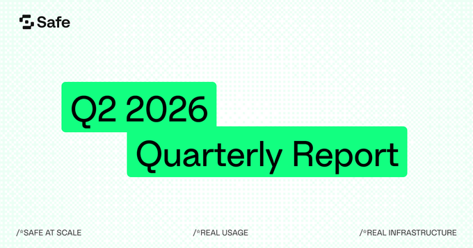 A title slide for a 'Q2 2026 Quarterly Report' features green text blocks on a light patterned background with the 'Safe' logo and the taglines '/SAFE AT SCALE', '/REAL USAGE', and '/REAL INFRASTRUCTURE'.