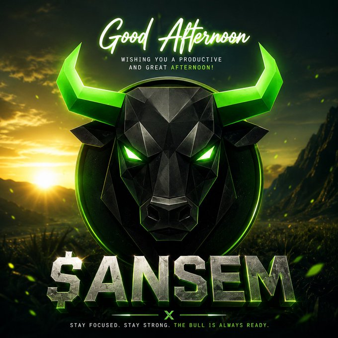 Motivational 'Good Afternoon' graphic with a geometric glowing bull head, branded '$ANSEM' with 'STAY FOCUSED. STAY STRONG. THE BULL IS ALWAYS READY.' tagline.