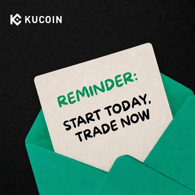 A teal envelope against a black background reveals a note reading "REMINDER: START TODAY. TRADE NOW," accompanied by the KuCoin logo. The image visually reinforces the promotional post's call to action, encouraging the KuCoin community (#KuFam) to seize the opportunity and claim their share of the 5,000 USDT reward pool.