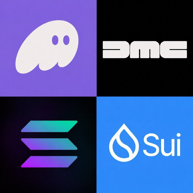 The image is a 2x2 grid displaying the logos of Phantom, DMC (DeLorean), Solana, and Sui, visually representing the four brands involved in the announcement about Phantom wallet discontinuing support for Sui Network assets, including DMC tokens.