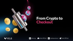 A sleek credit card floats alongside glowing Bitcoin and Ethereum icons against a black background, with the text "From Crypto to Checkout" and the Velo logo displayed alongside the Zebec and Visa partnerships. The image visually reinforces the post's message of seamless, regulated crypto-to-real-world spending, where tapping the Velo card instantly converts USDT, USDC, or $VELO into everyday purchases.