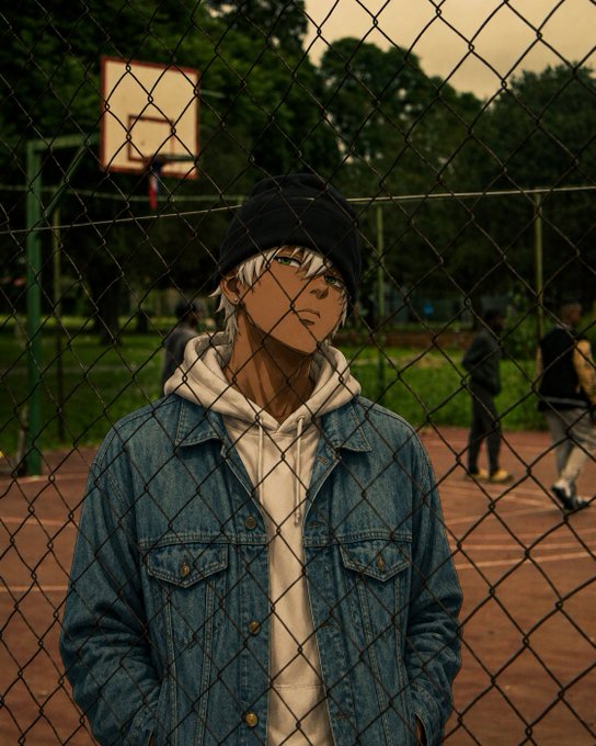 An anime-style illustration of a young man wearing a black beanie and a denim jacket over a hoodie stands in front of a chain-link fence at a basketball court.