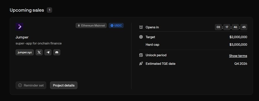 A cryptocurrency presale dashboard shows an 'Upcoming sales' panel for 'Jumper' (jumper.xyz), described as a 'super-app for onchain finance', with an opening countdown of 3 days, 17 hours, 46 minutes, a target of $2,000,000, hard cap of $3,000,000, and an estimated TGE date of Q4 2026.