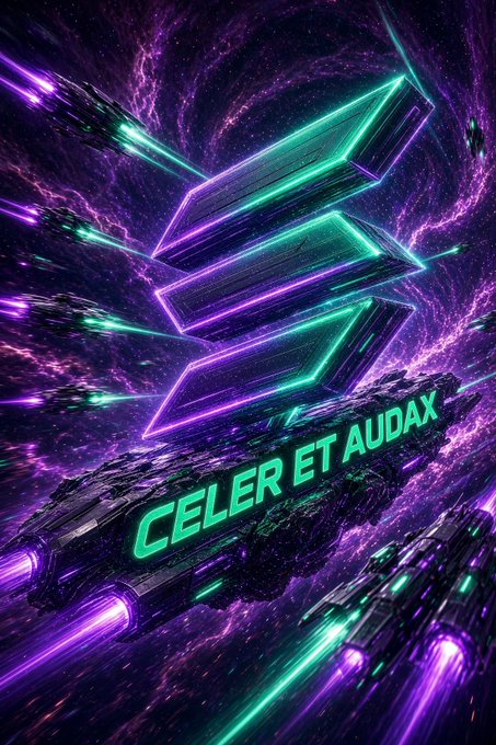 A futuristic neon graphic displays glowing green and purple arrow shapes above the Latin text 'CELER ET AUDAX' against a cosmic purple background.