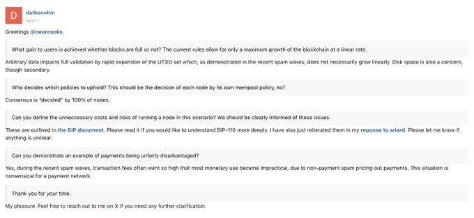 The image shows a deleted post from user "dathonom" on April 7, addressing concerns about BIP-110 from "neonrooks," discussing issues like blockchain growth, node policy decisions, consensus thresholds, and transaction fee disadvantages during spam waves, particularly concerning the UTXO set and payment network functionality.