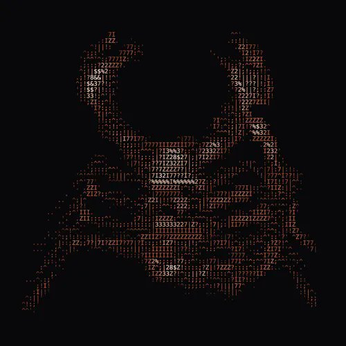 ASCII art on a black background depicting two figures composed of numbers and symbols in orange and brown tones.