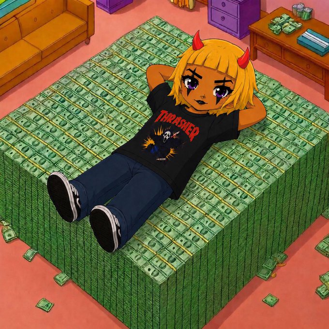 An anime-style illustration of a blonde girl with red devil horns wearing a black "THRASHER" t-shirt, lounging on a giant bed made of stacks of dollar bills with money visible on nearby furniture.