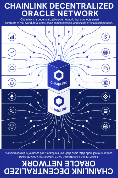 An infographic titled "CHAINLINK DECENTRALIZED ORACLE NETWORK" explaining how Chainlink connects smart contracts to real-world data, cross-chain communication, and secure offchain computation.