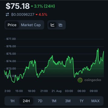 A CoinGecko price chart showing $75.18 with a 3.1% increase over 24 hours, displaying a green upward trend over a 24-hour period.