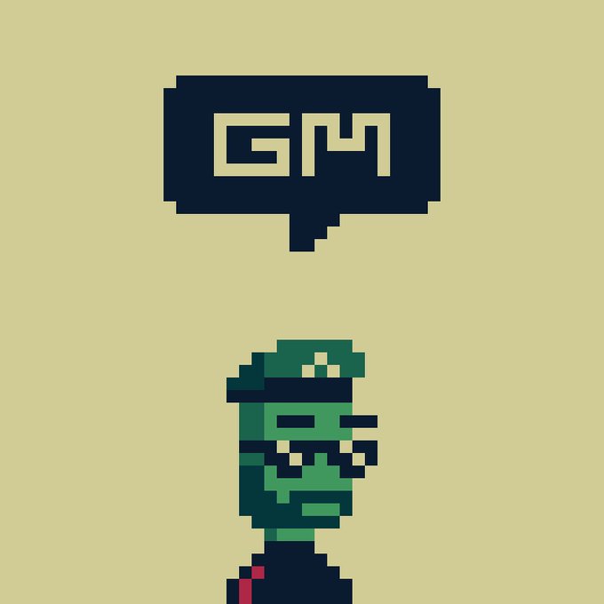 Pixel-art character with green skin and glasses beneath a speech bubble reading 'GM' (good morning).
