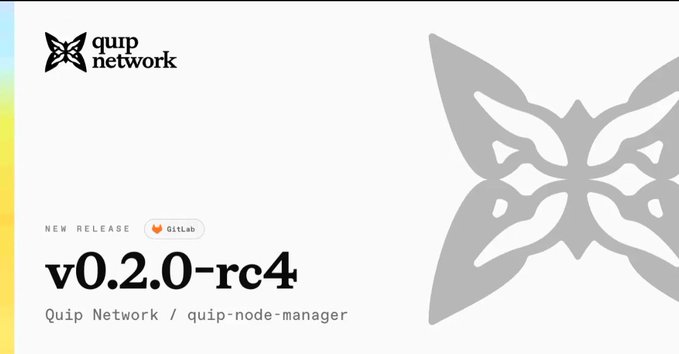 This image features a poster for a new release of quip network software. The poster is predominantly white, with black text used throughout to highlight important details such as the new release, what it does (quip node manager), and where users can find more information about the release. There are also several buttons on the poster that potentially provide additional instructions or controls related to the software update, but they do not appear in any specific locations within the image itself.