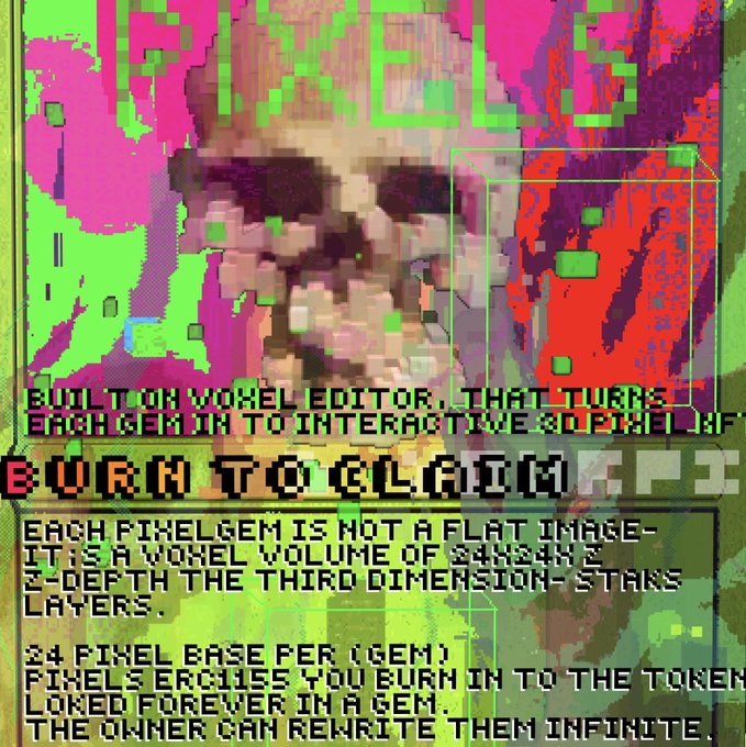 A glitchy, pixelated promotional graphic titled 'PIXELGEMS' with text explaining it is 'BUILT ON VOXEL EDITOR' and describing each 'PIXELGEM' as a 'VOXEL VOLUME OF 24X24X24' where 'PIXELS ERECTS YOU BURN IN TO THE TOKEN'.