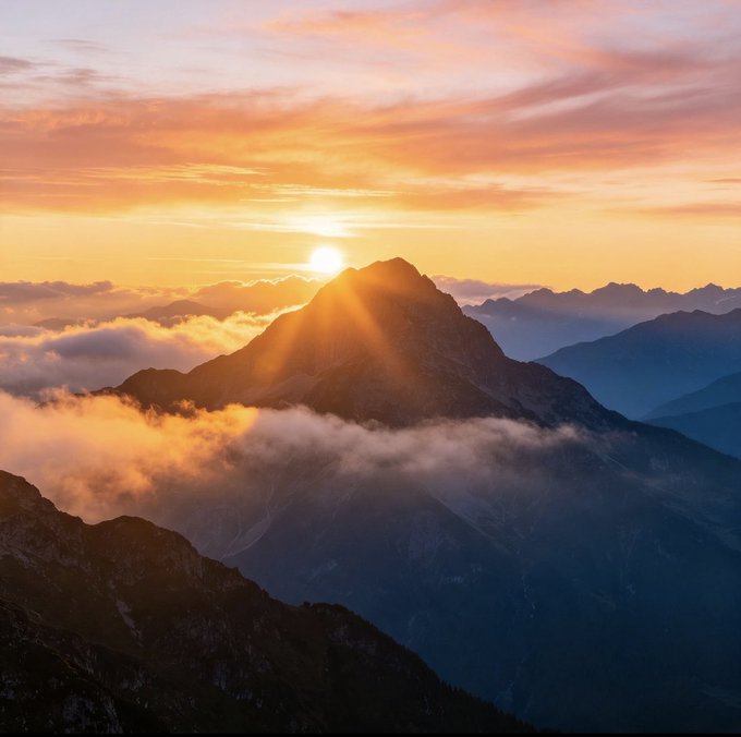 A scenic mountain landscape at sunrise or sunset, with the sun bursting over a peak and clouds nestled in the valleys below.