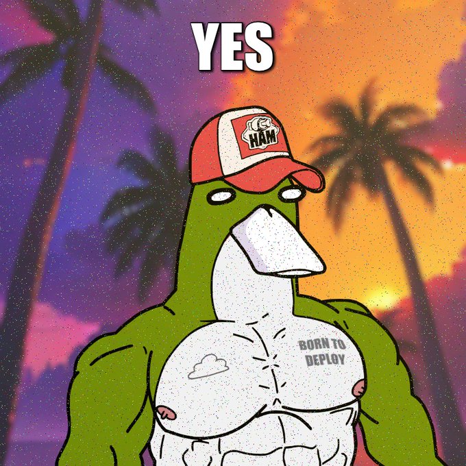The image features a muscular green Pepe-style cartoon character wearing a red and white trucker hat with "HAM" on it, with "YES" displayed at the top, and a chest tattoo reading "BORN TO DEPLOY." The character is set against a vibrant sunset with palm trees, visually reinforcing the post's theme of "24/7 markets need 24/7 agents" by portraying Ham as an always-ready, deployable AI agent.