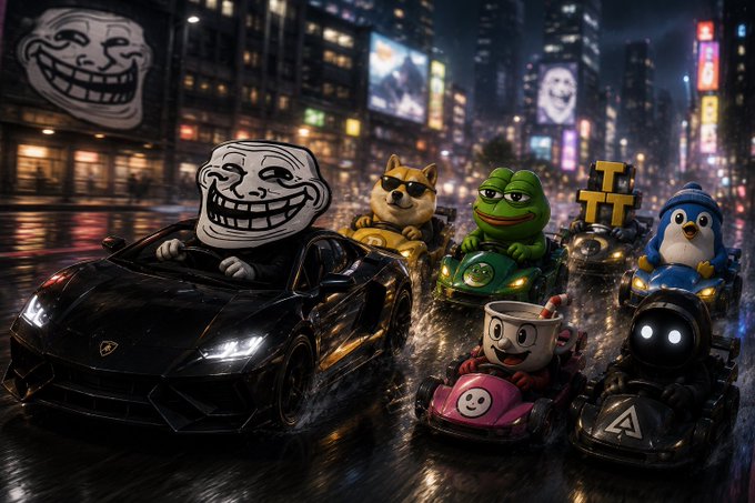 A Trollface meme character in a black Lamborghini leads a lineup of other iconic memes—including Doge, Pepe, the TTT (Troll) trio, a penguin, a coffee cup, and a shadowy figure—in a neon-lit nighttime city race, visually reinforcing the post's pitch that $TROLL is the original, enduring meme coin capable of outpacing all competitors.