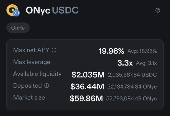 DeFi protocol stats for 'ONyc USDC' on OnRe platform showing Max net APY of 19.96%, 3.3x max leverage, $2.035M available liquidity, and $36.44M deposited.