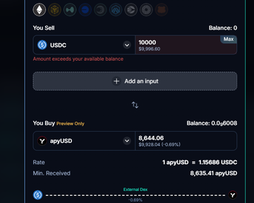 The image shows a computer screen displaying a balance calculator for an online trading platform, specifically for USDC tokens. The balance is currently at 1 Bitcoin, with a maximum of 100 Bitcoins available. There are two transactions happening simultaneously - one transferring 10 Bitcoins from the user's account and another transferring 8 Bitcoins to the user's account. Additionally, there is a message on the screen indicating that the user has received an APYUSD token in exchange for their USDC tokens.